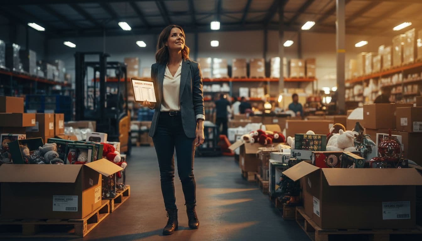Retail owner stands in warehouse holding tablet amid boxes of seasonal goods.