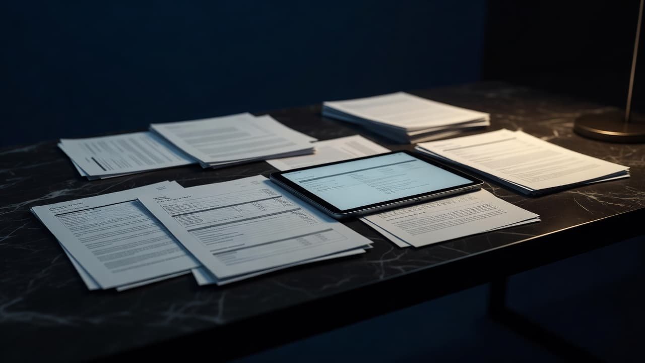 Stacks of blurred corporate documents and a modern professional tablet rest upon a dark marble desktop. Dramatic amber lamp light contrasts against deep navy shadows, highlighting the weight of administrative tasks.