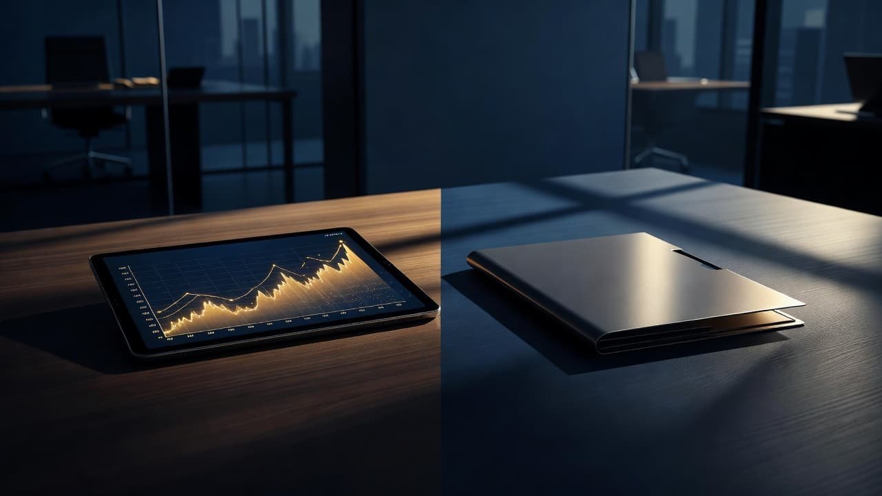 A dark wooden desk displays a glowing tablet featuring a rising gold graph next to a premium metal document folder. Dramatic blue shadows contrast against warm amber lighting across the surface.