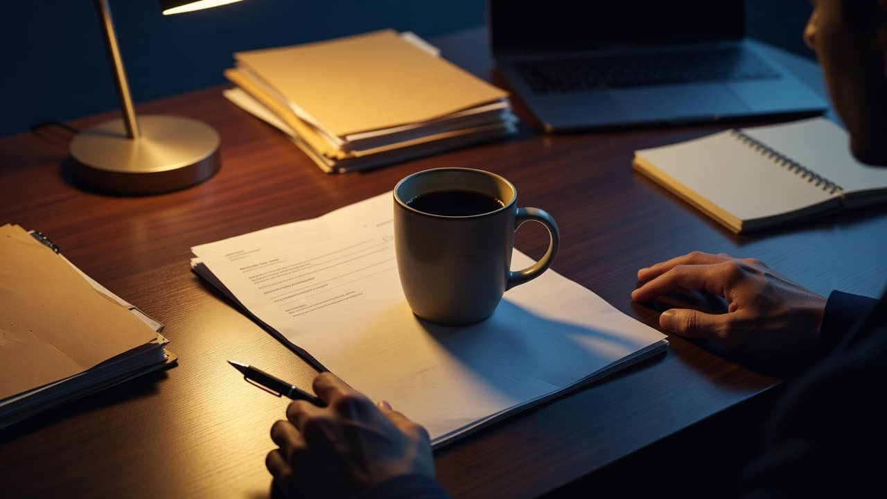A crisp, blank document rests on a wooden desk beneath the warm glow of a lamp. A heavy ceramic coffee mug sits atop the paper, creating an atmosphere of urgent professional delay.