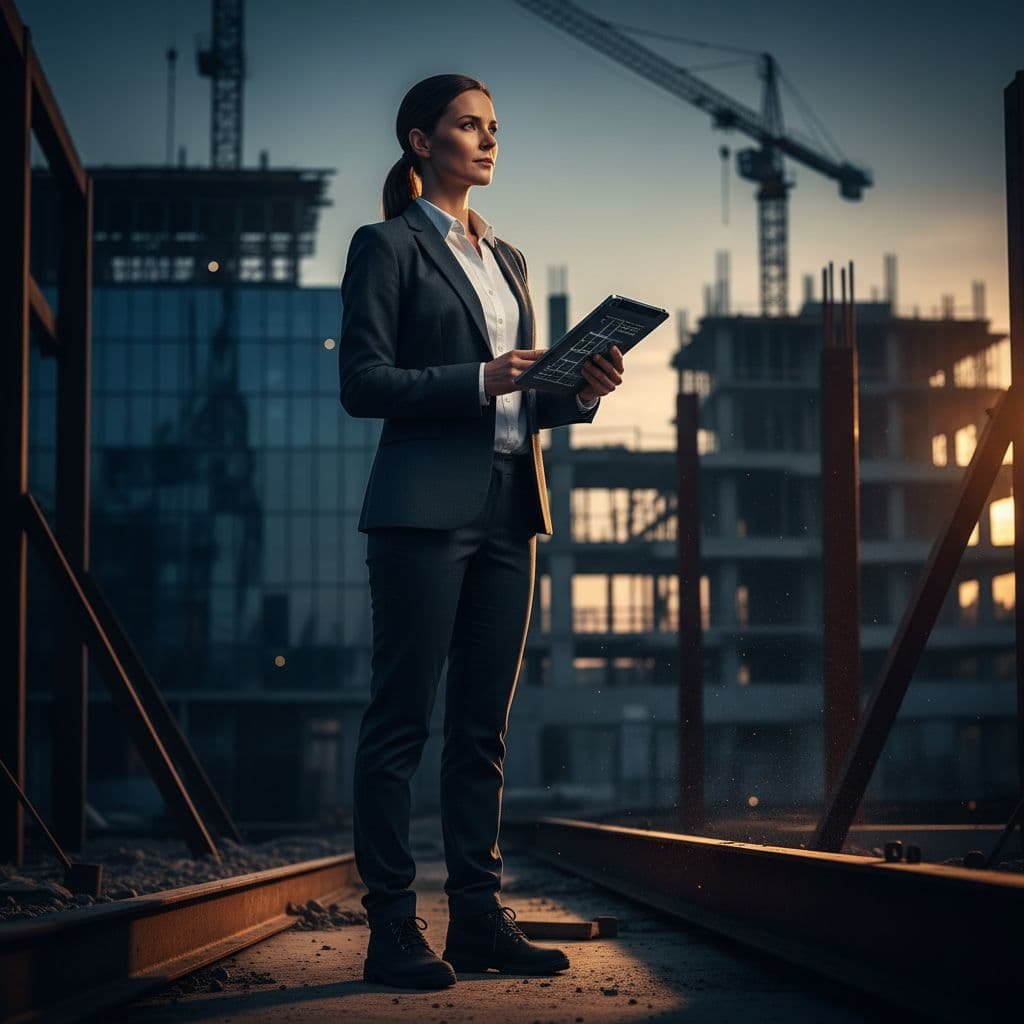 A confident executive in a tailored suit stands within an active construction project, clutching a digital tablet. High-contrast lighting casts deep navy shadows while warm amber glows illuminate his focused profile.