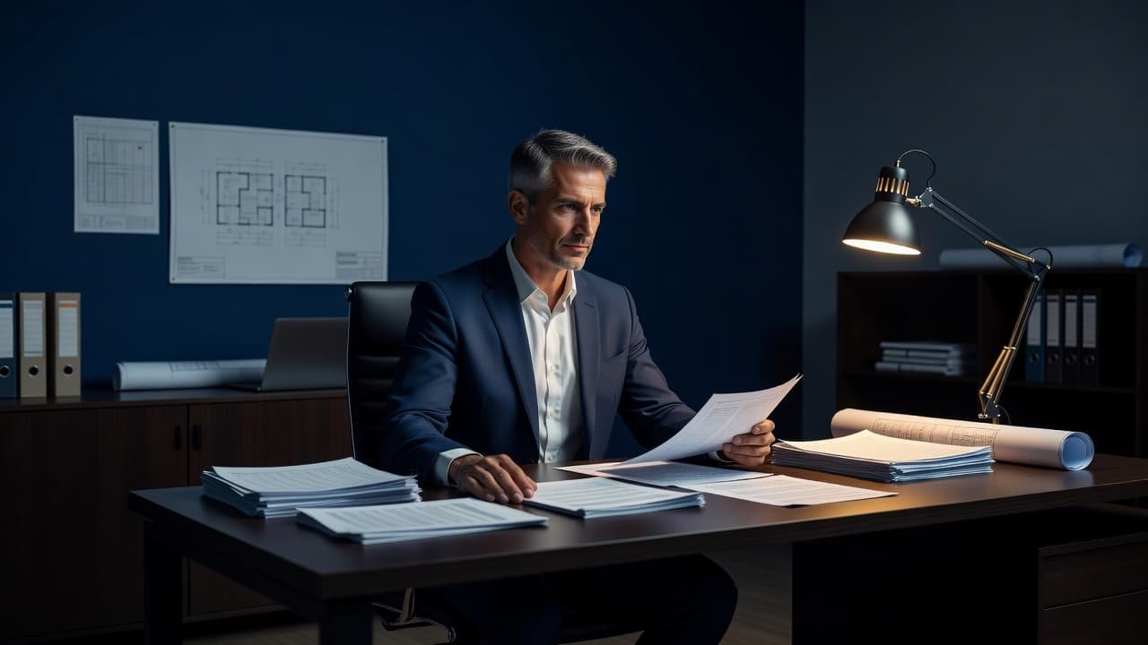 A professional business owner sits at a desk reviewing financial documents in a modern office. Dramatic amber light from a lamp creates sharp contrast against the deep navy blue room shadows.