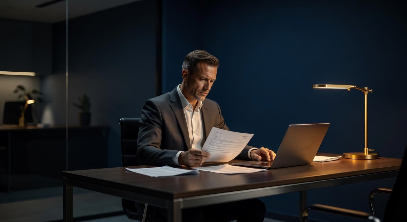 A focused professional sits at a clean desk under warm amber lamplight, carefully reviewing scattered business documents and bank statements. Cool navy blue shadows frame the quiet, modern executive office space.