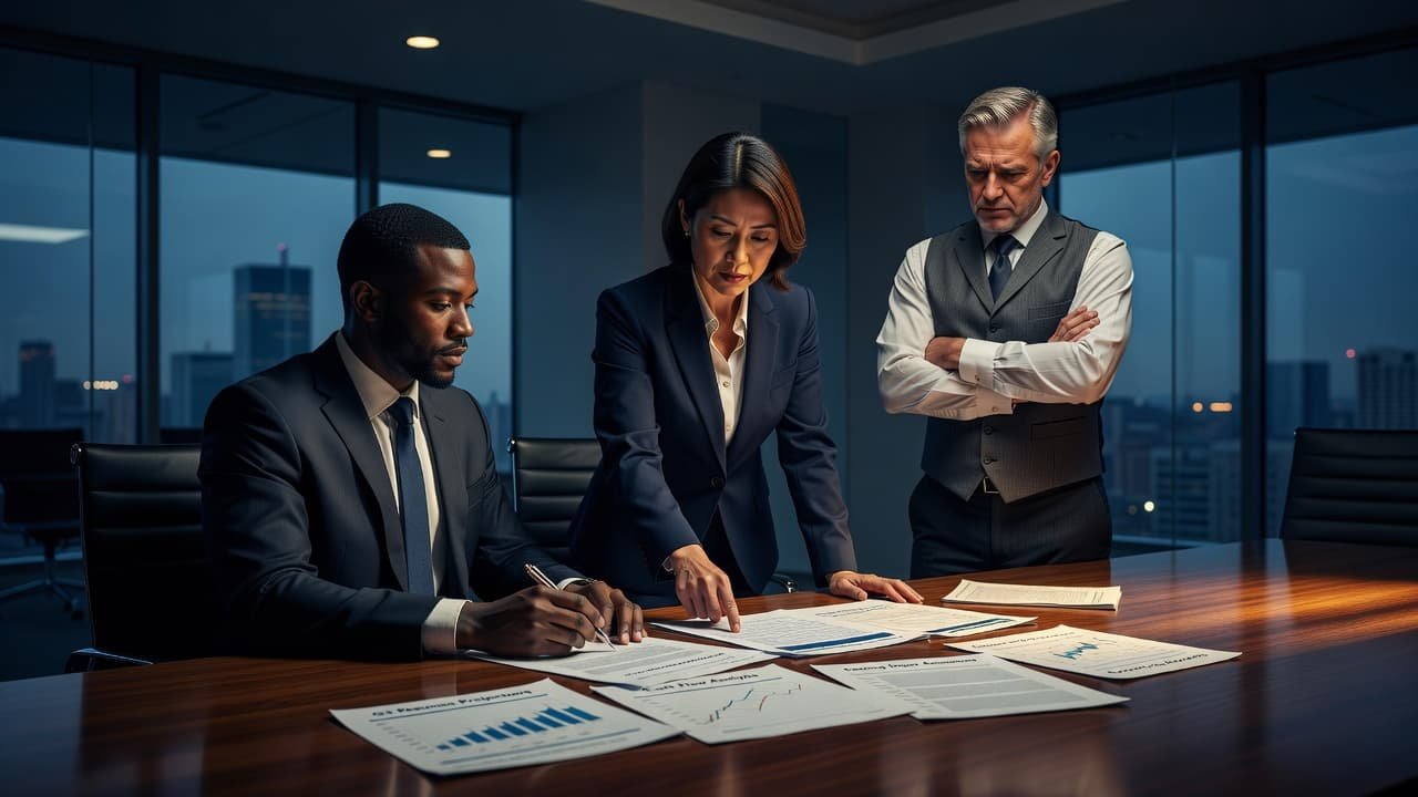 Business owners gather around a sleek table covered with detailed financial charts and documents. Sharp amber highlights contrast against deep navy blue shadows, creating a sophisticated and serious corporate atmosphere.