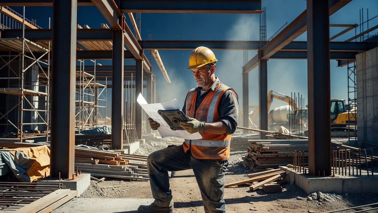 A focused site manager examines digital plans on a tablet screen while standing amidst a chaotic active construction zone. The scene features striking golden hour sunlight casting long deep navy shadows.