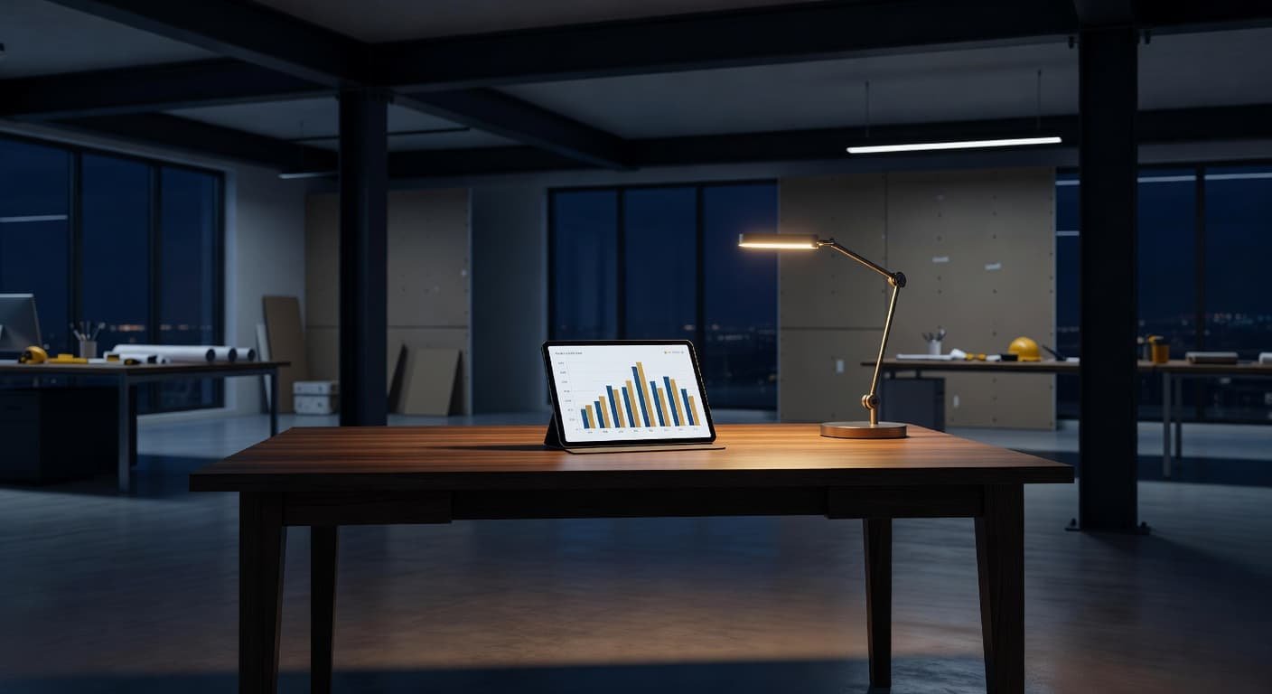 A dark construction office features a minimalist wooden desk illuminated by a warm lamp. A tablet displays financial charts, resting against a backdrop of deep navy shadows and cool ambient light.