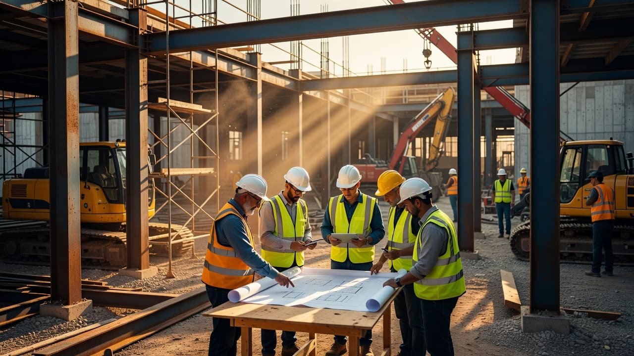 Construction professionals in hard hats stand amidst steel beams and heavy machinery while reviewing architectural blueprints. The scene features deep blue shadows contrasted by bright golden sunlight highlighting the site infrastructure.