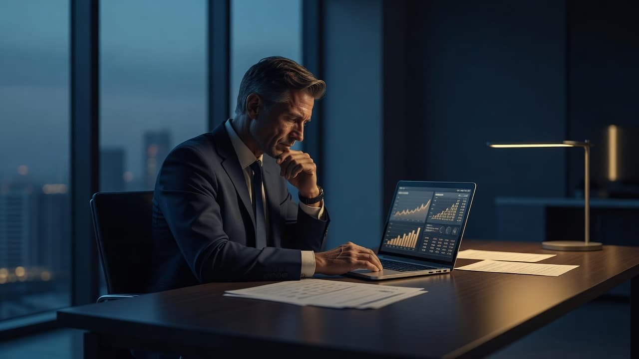 A focused professional sits at a desk reviewing financial spreadsheets on a laptop within a modern office. Warm amber light illuminates the workspace, contrasting sharply against deep navy blue walls.