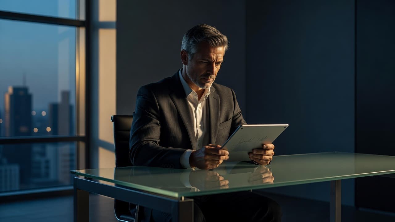 A focused professional in a sharp suit reviews data on a handheld tablet. Warm amber lighting highlights his concentrated expression, while deep blue shadows create a sophisticated corporate office atmosphere.