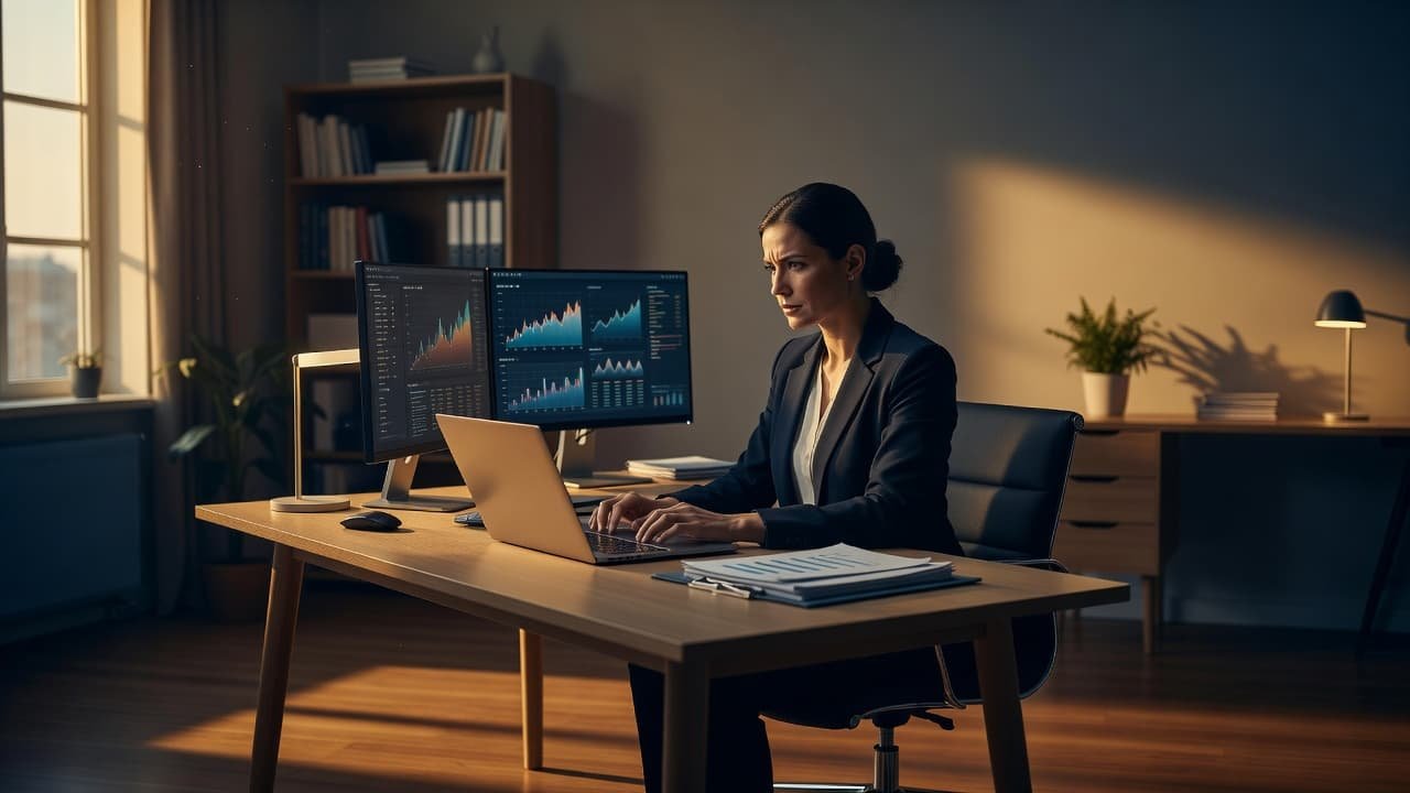 A focused professional works at a sleek desk within a warm, amber-lit study. The space features deep navy accents, creating an environment that balances modern productivity with a sophisticated, thriving atmosphere.