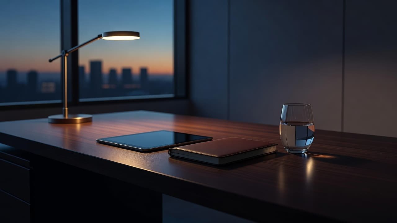 A dark wood desk features a tablet, notebook, and a glass of water under warm lamp light. In the background, a twilight cityscape glows softly through the blurred office window.