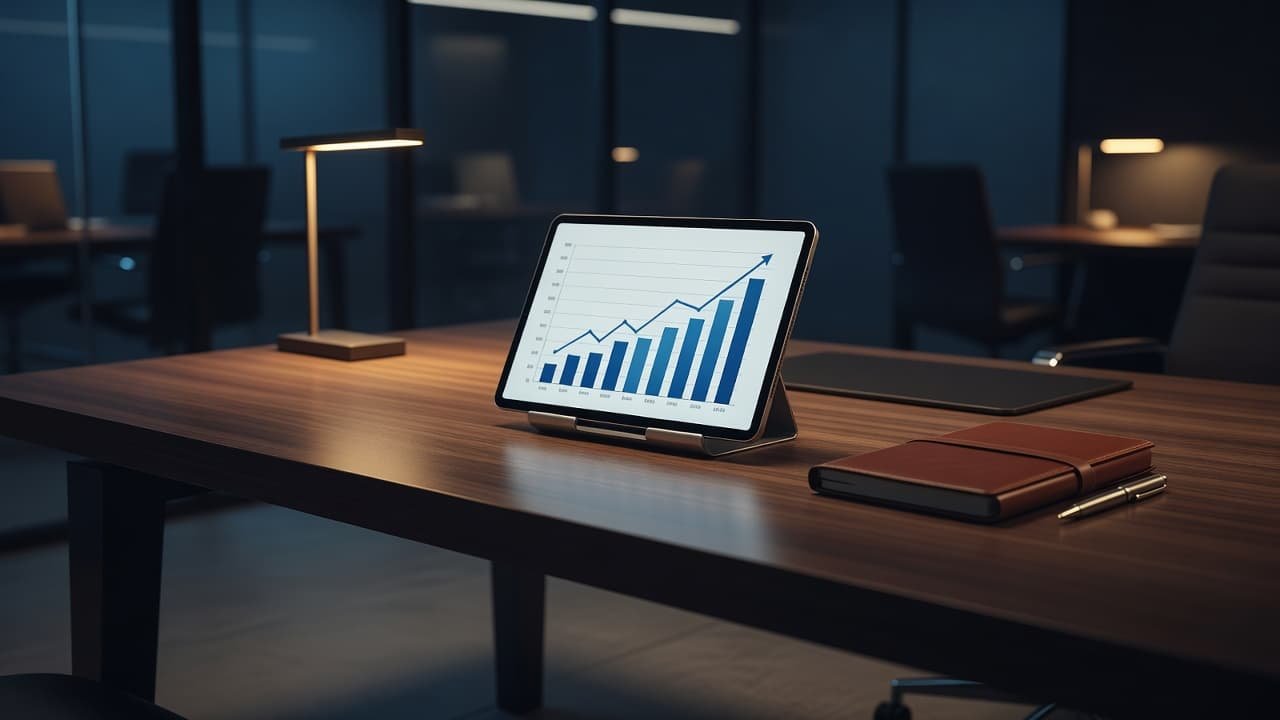 A sleek desk features a professional tablet displaying upward-trending business growth charts. Warm amber ambient lighting illuminates the workspace while soft navy shadows create a focused, high-end atmosphere for analytical work.