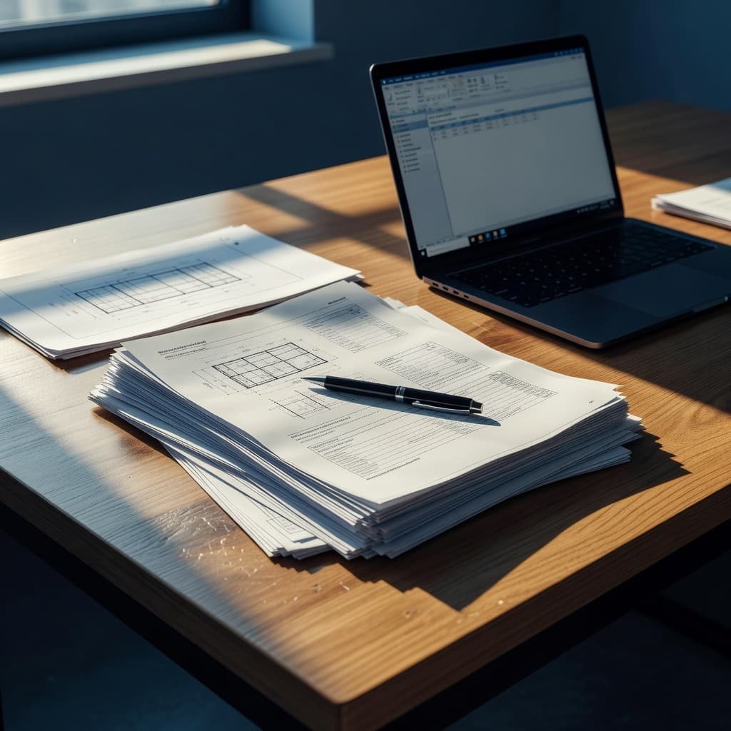 A laptop sits beside neatly stacked business documents and a single black pen on a workspace surface. Warm golden light illuminates the scene, contrasting with deep navy shadows and cool tones.