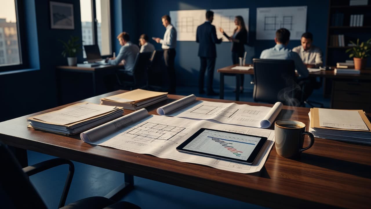 Architectural blueprints lie flat on a desk next to a glowing tablet and a steaming coffee cup. High-contrast golden light from a window illuminates the workspace against deep navy shadows.