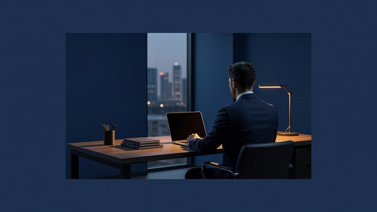A silhouette of a person works on a laptop at a sleek desk, illuminated by a warm amber lamp. Blurred city lights glow softly through the large glass window behind them.