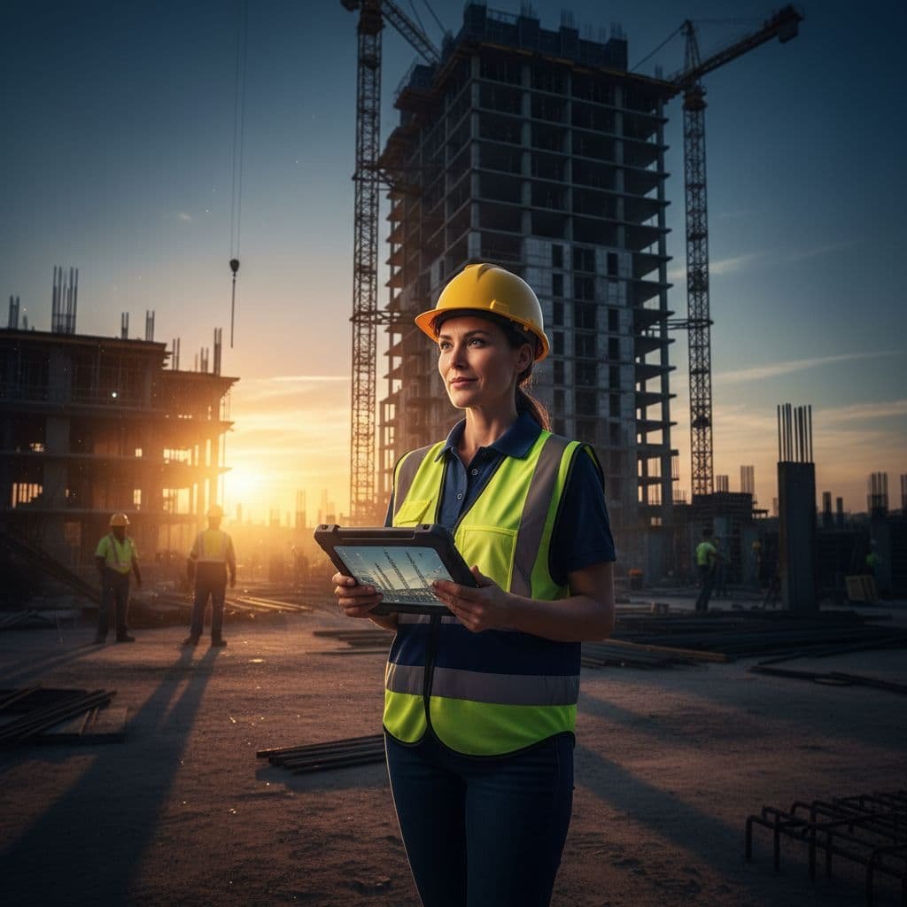 A professional manager wearing a safety vest inspects digital blueprints on a tablet amidst a bustling construction site. Warm amber sunlight strikes the foreground, creating sharp contrast against deep blue shadows.