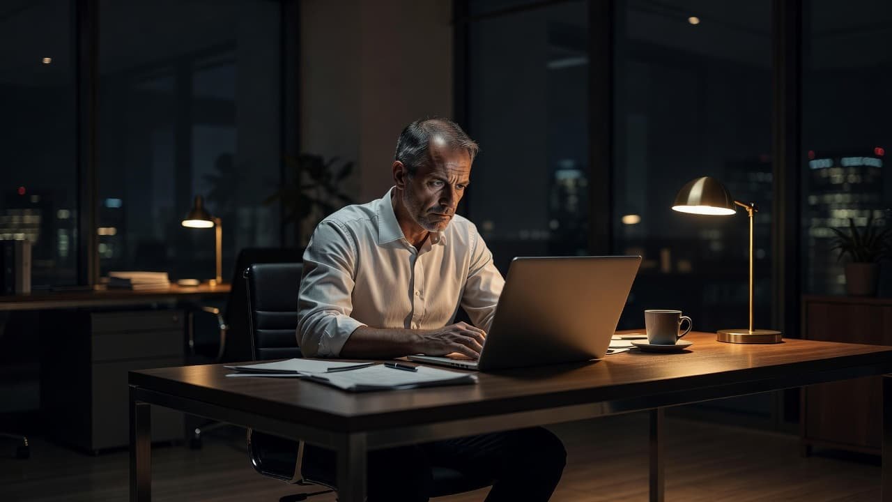 A man in a professional suit sits hunched over a laptop inside a dimly lit office. Dramatic amber and cool blue light illuminates his worried expression while facing the empty screen.