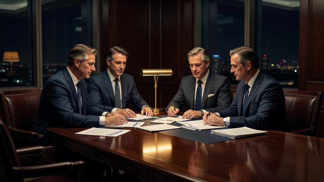 Two business partners examine financial reports on a polished dark mahogany table inside a luxurious office. Soft amber light illuminates the documents while deep navy shadows create a professional, successful atmosphere.