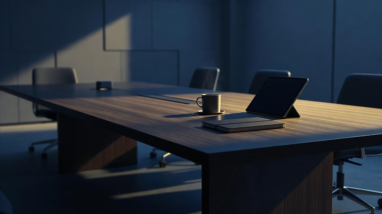 A sleek conference table features a tablet, leather notebook, and a ceramic coffee mug under dramatic lighting. Deep navy shadows contrast with warm amber highlights to create a focused business atmosphere.