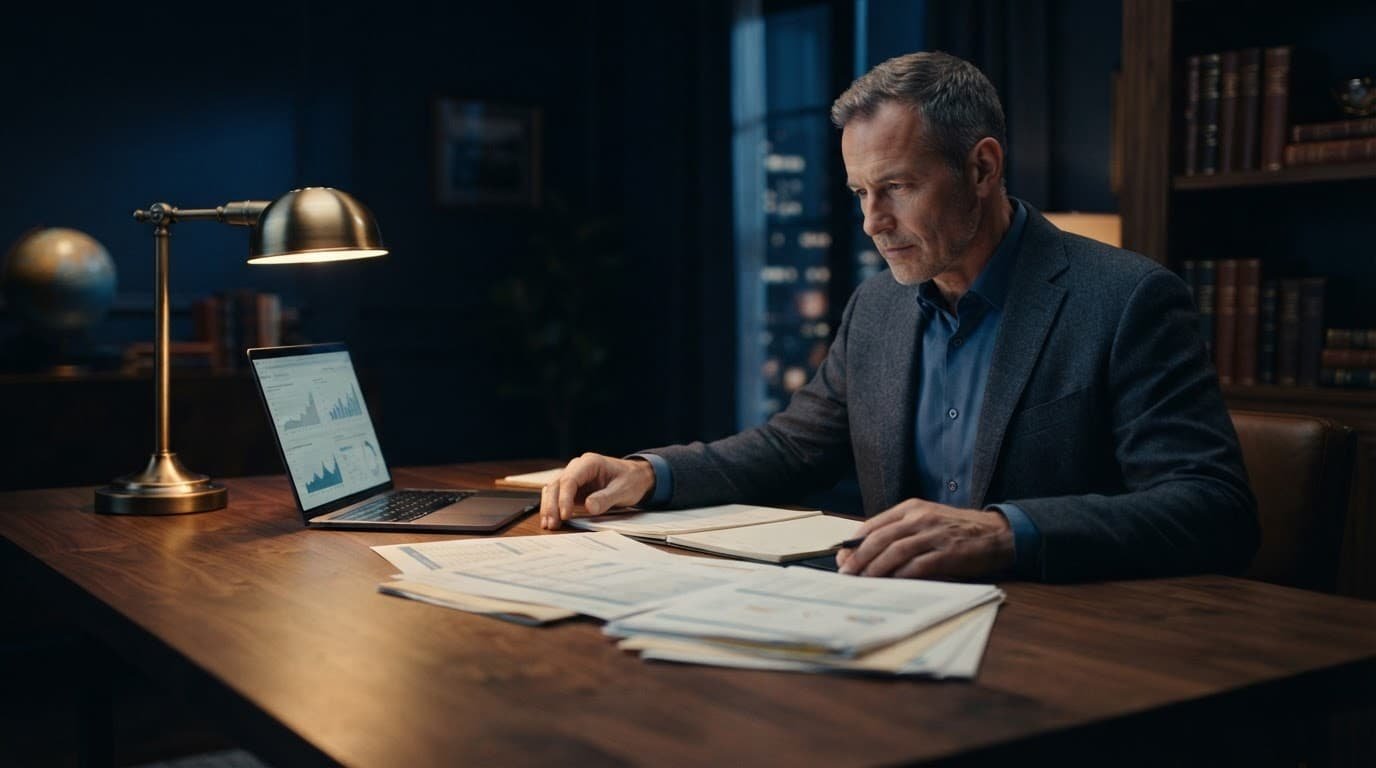 A business owner reviews financial papers beside a laptop at a dark wooden desk.
