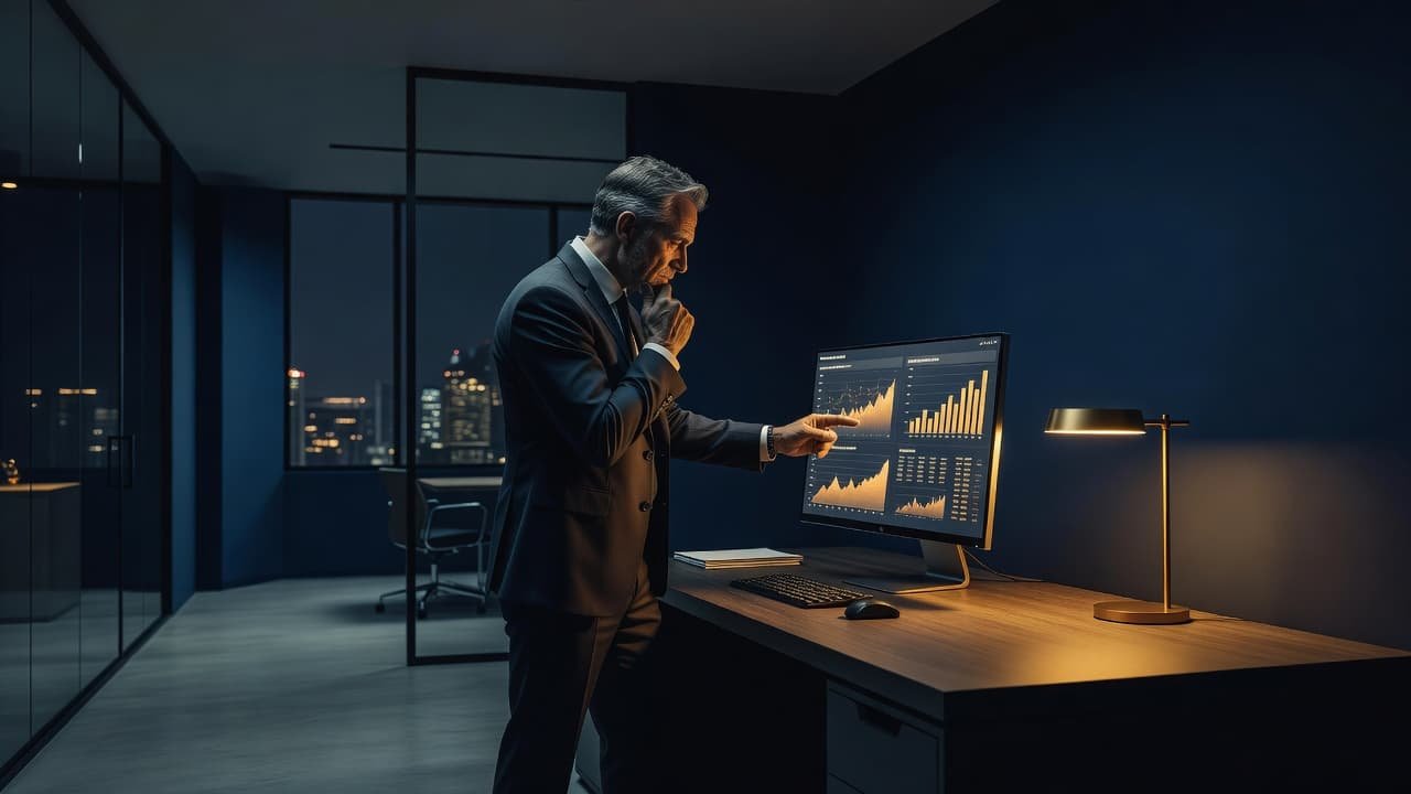 A focused professional sits in a dimly lit, contemporary office, examining complex digital charts on a glowing monitor. Deep navy shadows contrast sharply with warm amber highlights from a nearby desk lamp.
