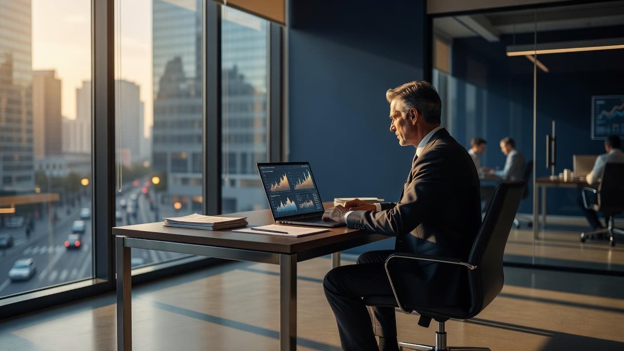 A business owner at a desk looking at financial reports on a laptop in a sunlit office.