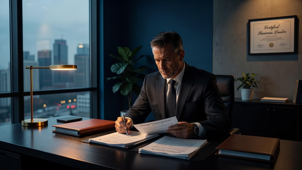 A professional man sits at a sleek wooden desk, carefully examining important paper documents. Warm ambient light illuminates his concentrated face while deep navy shadows provide contrast in the background.