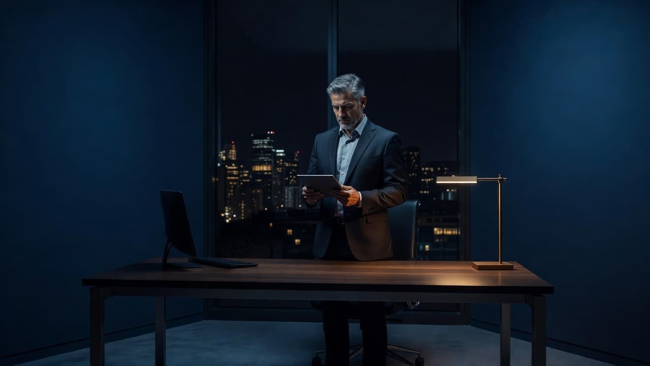 A business owner stands at a minimalist wooden desk, examining financial data on a tablet. Warm amber light from a desk lamp contrasts against deep blue shadows and evening city bokeh.