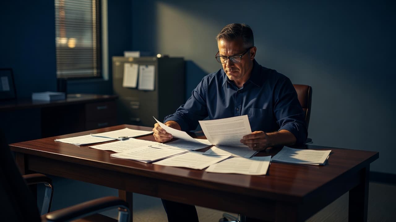 A business owner reviews insurance papers at a polished wooden desk.