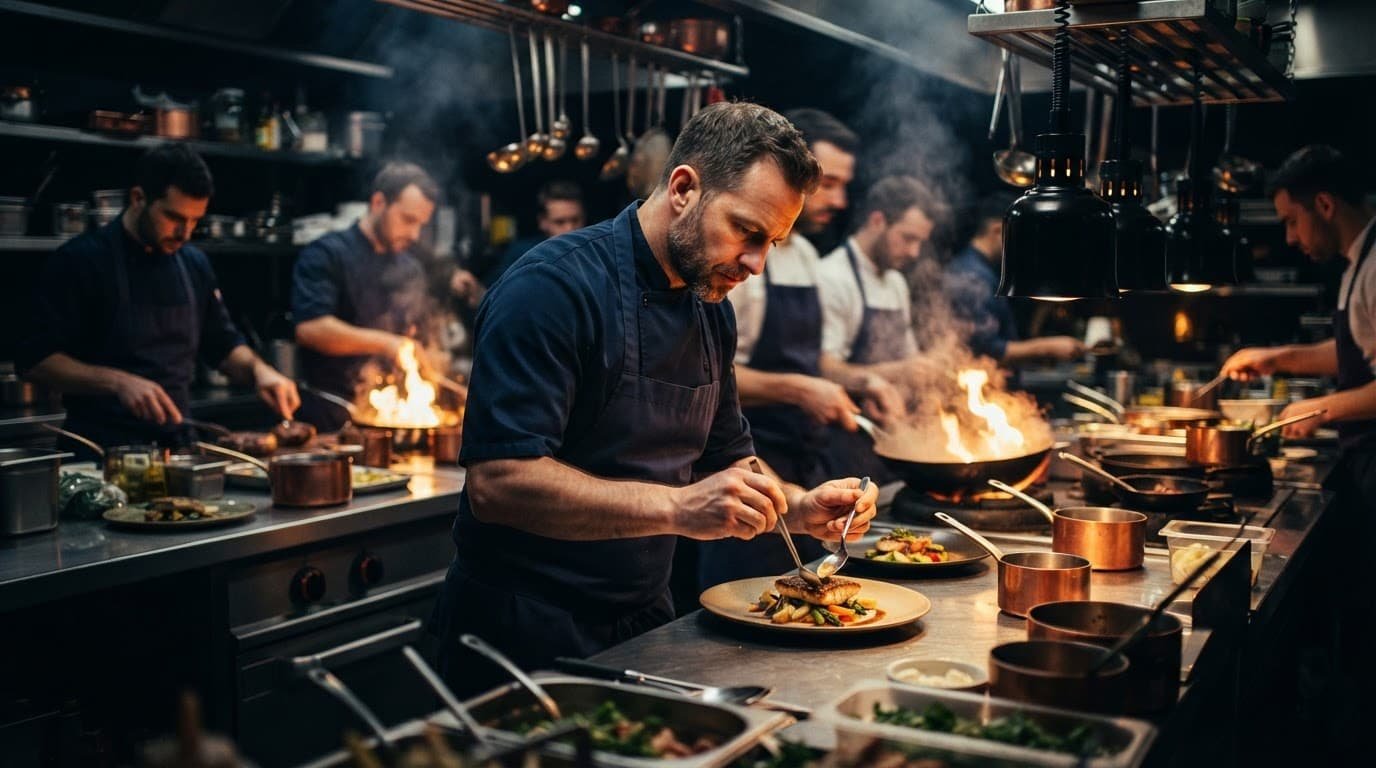 Chefs working in a busy restaurant kitchen with stainless steel counters.