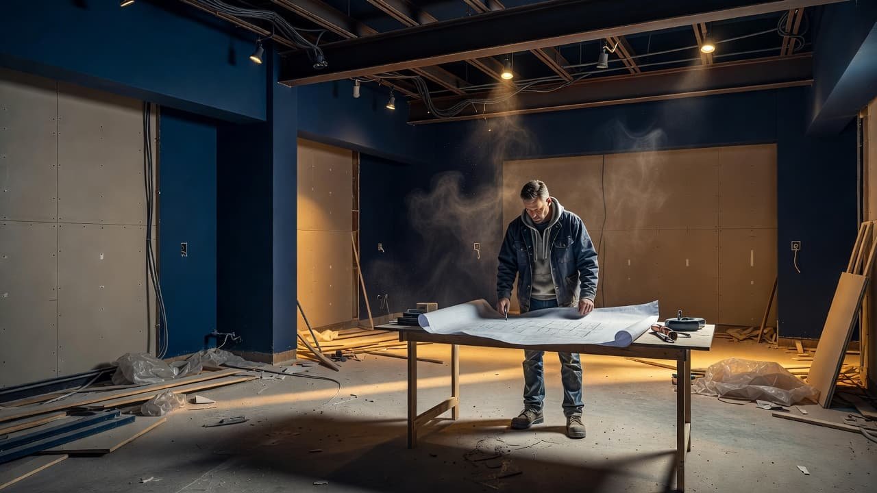 A contractor inspecting blueprints inside a commercial retail space under construction.