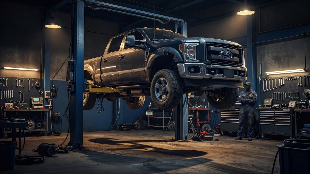A work truck lifted on a hydraulic hoist inside a dimly lit professional auto repair garage.