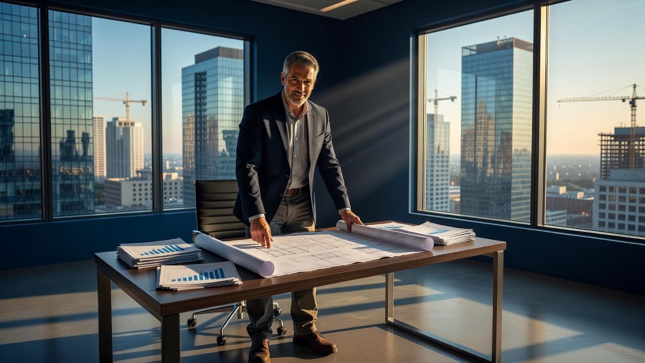 A focused entrepreneur stands at a minimalist desk inside a modern office. He studies detailed construction blueprints and financial records while warm afternoon light pours through expansive floor-to-ceiling city windows.