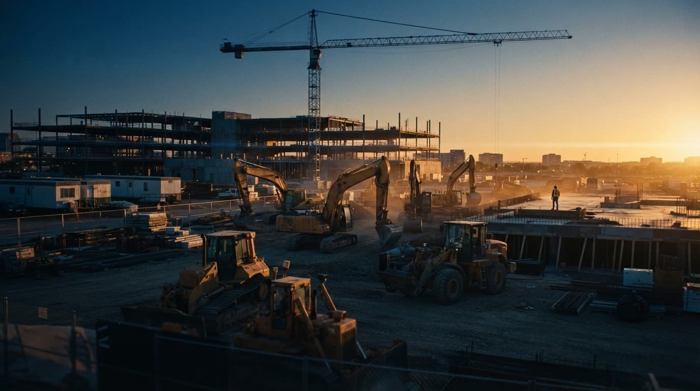 Construction equipment and one distant worker silhouetted at sunset.