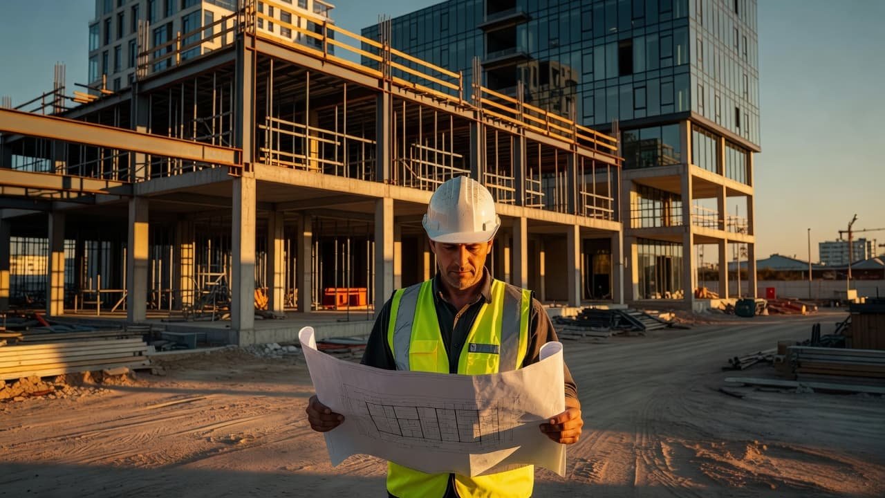 A construction site manager reviewing blueprints in front of a modern building project at sunset.