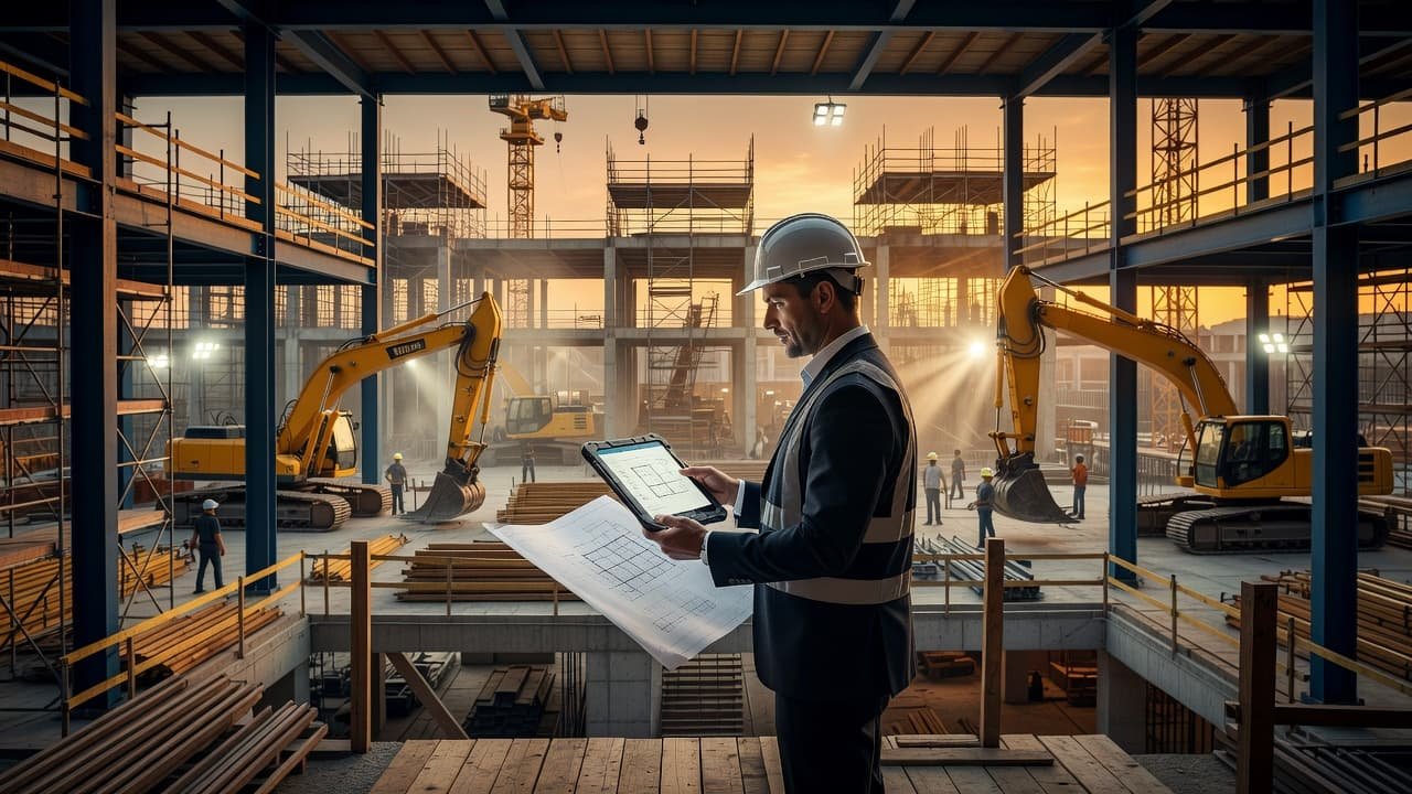 A professional manager in high-visibility gear reviews digital blueprints on a sleek tablet. The construction site is illuminated by warm, golden hour light that creates dramatic deep blue contrast shadows.