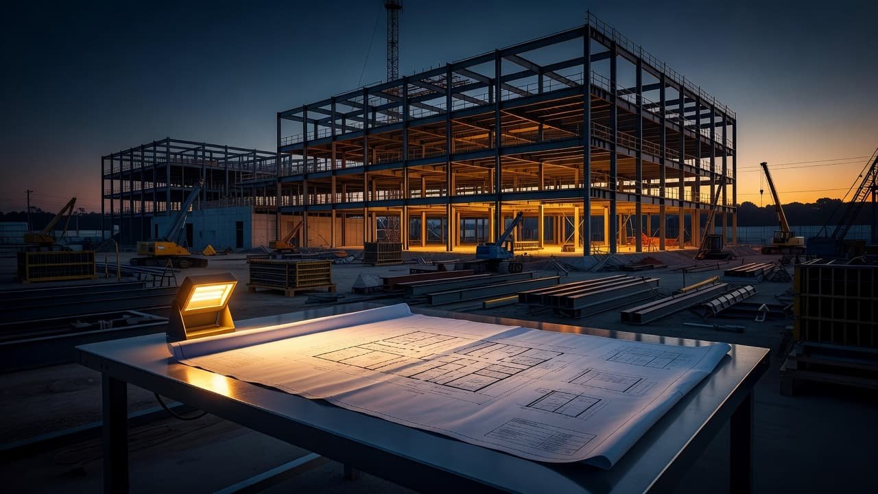 An architectural blueprint on a metal table in front of a steel building frame during a sunset.