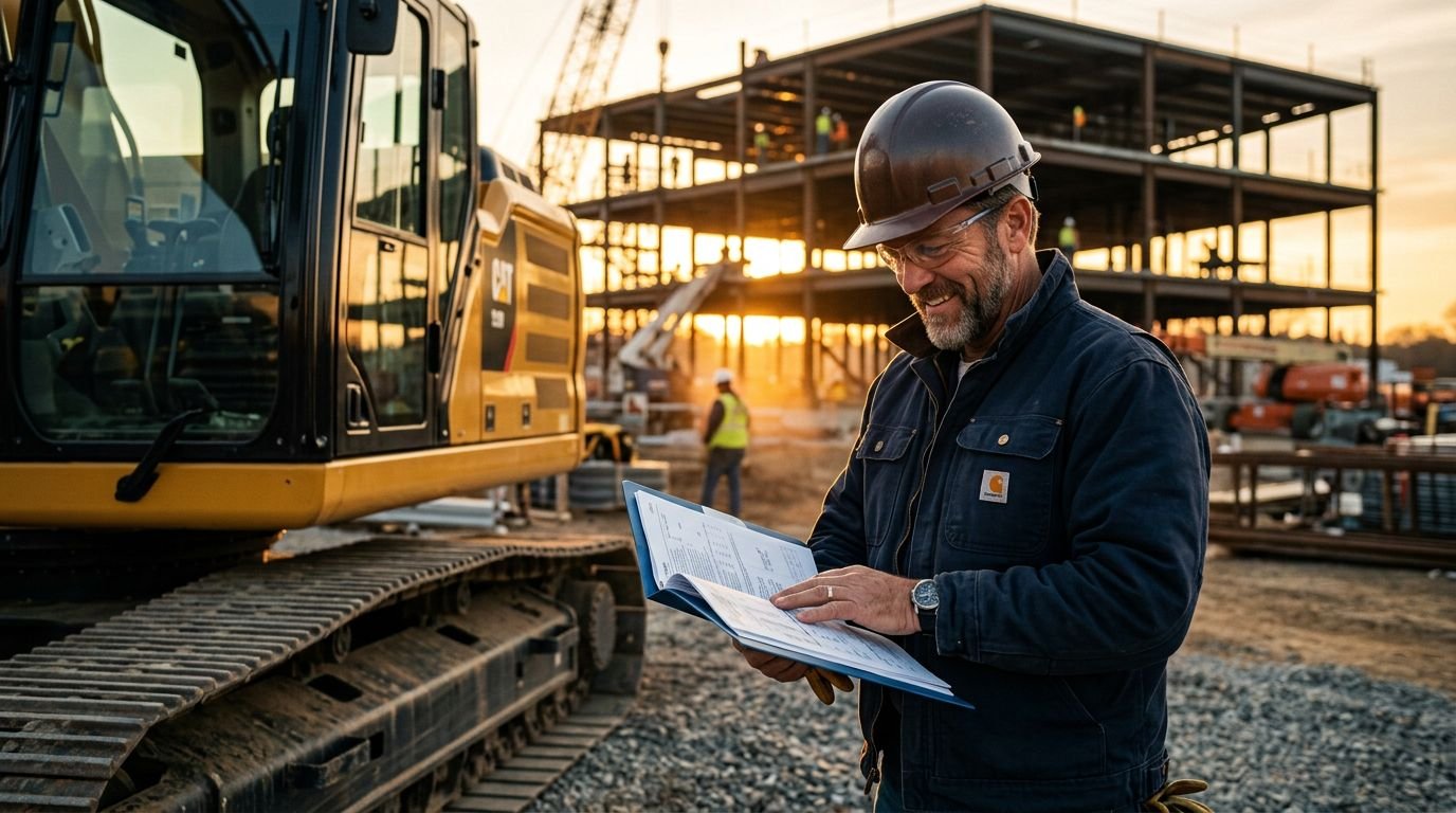 A confident contractor reviewing financial papers beside an excavator.