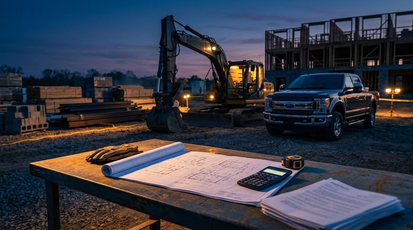 Construction equipment and blueprints arranged for business cash-flow planning.