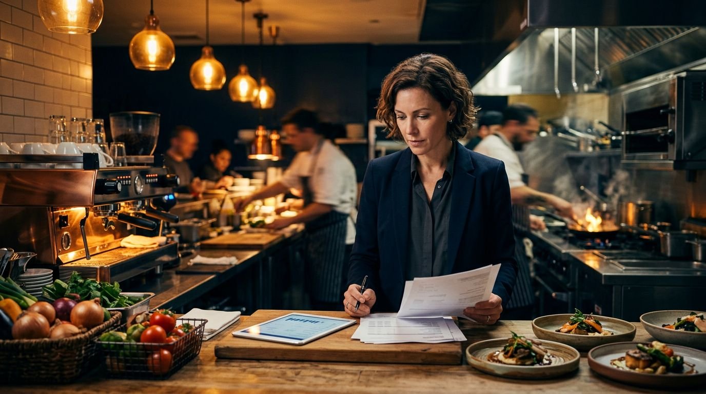 A restaurant owner reviews invoices on a tablet in a busy commercial kitchen.
