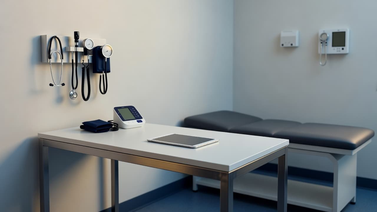 A professional medical room with specialized equipment and a tablet on a desk.