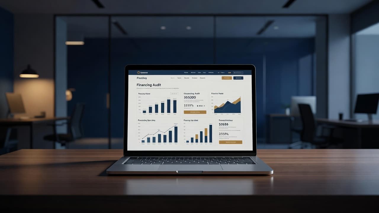 A sleek silver laptop rests on a dark desk displaying a professional financial interface. Warm amber and deep navy lighting illuminate the modern office setting with a blurred professional background.