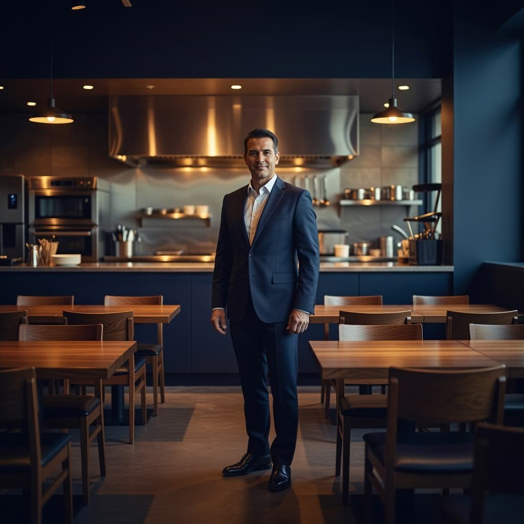 An entrepreneur stands within a modern, upscale restaurant featuring warm amber illumination and dark navy shadows. Polished stainless steel surfaces and refined wooden dining tables create a professional, growth-oriented aesthetic environment.