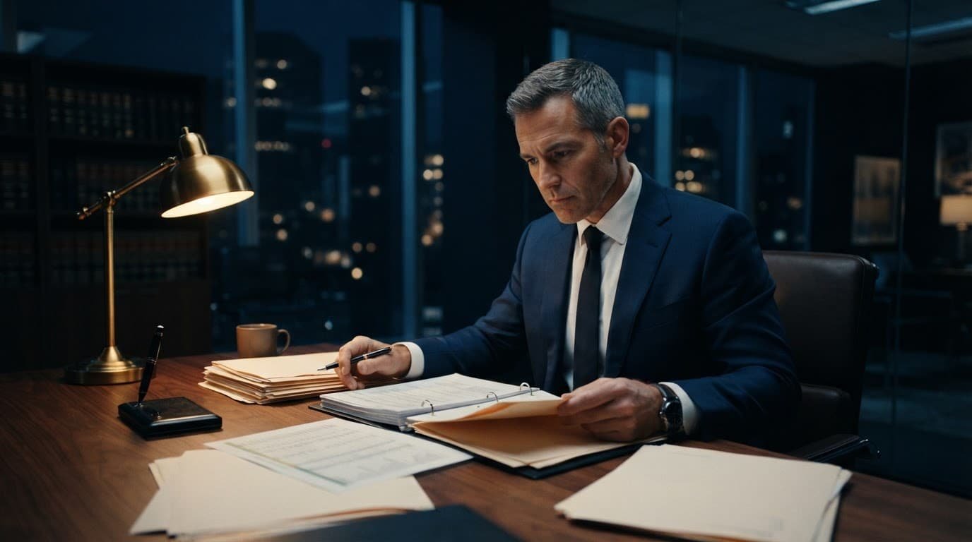 Attorney reviewing case files at a wooden desk in a modern law office.