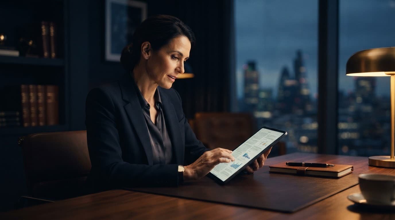 An attorney reviews case documents on a tablet in a dark upscale office.
