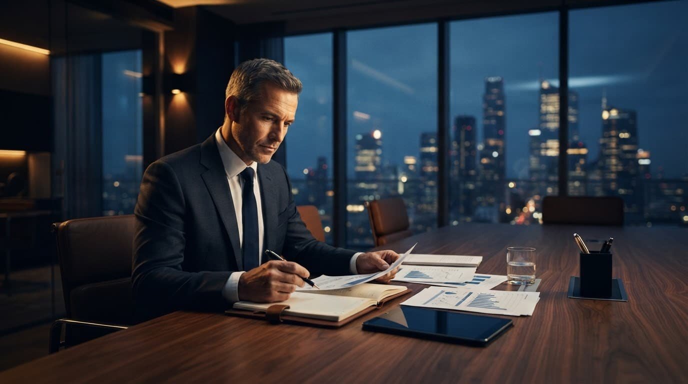A business professional sits in a modern office overlooking a city skyline at dusk.