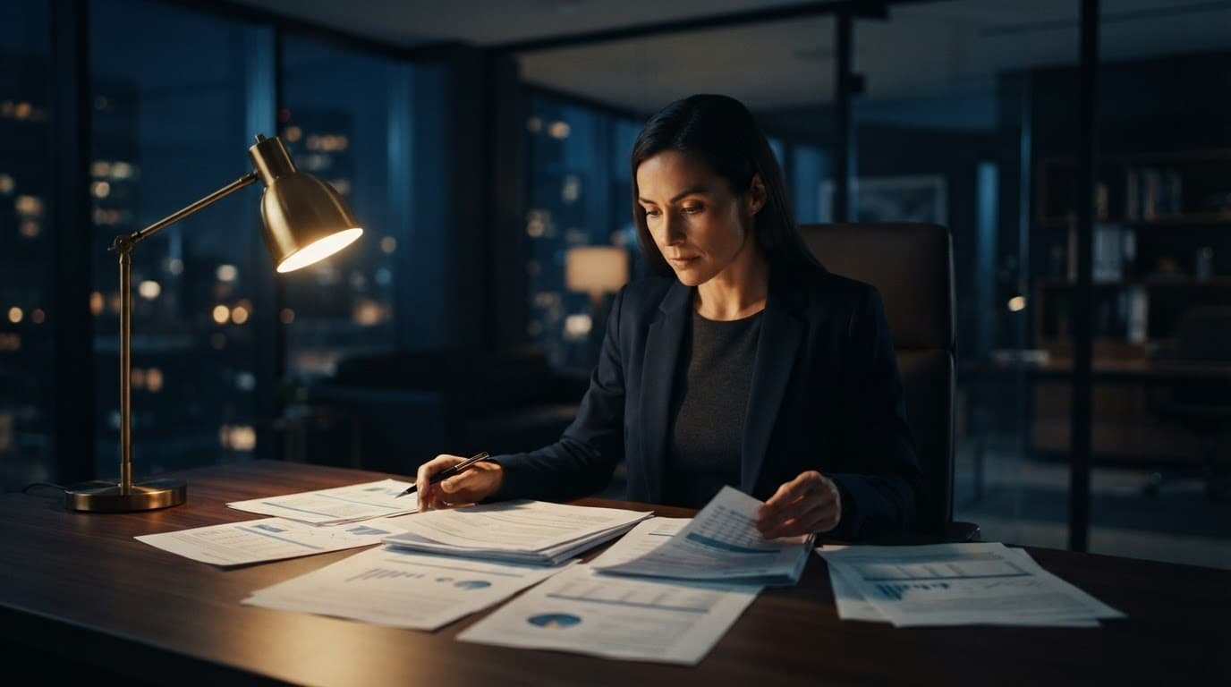 Business owner reviewing loan papers at a modern office desk.