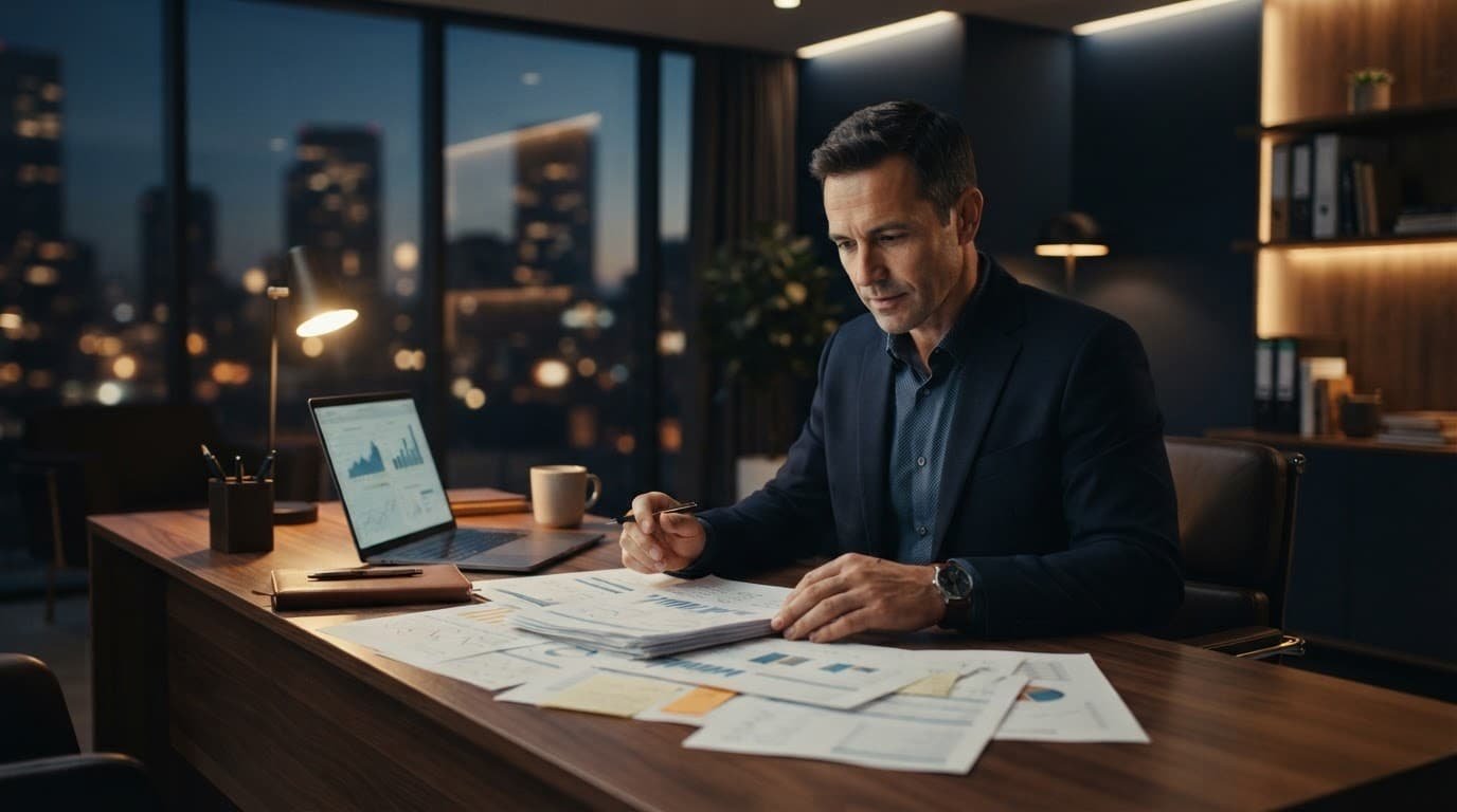 Business owner reviewing papers beside a laptop at a wooden desk.