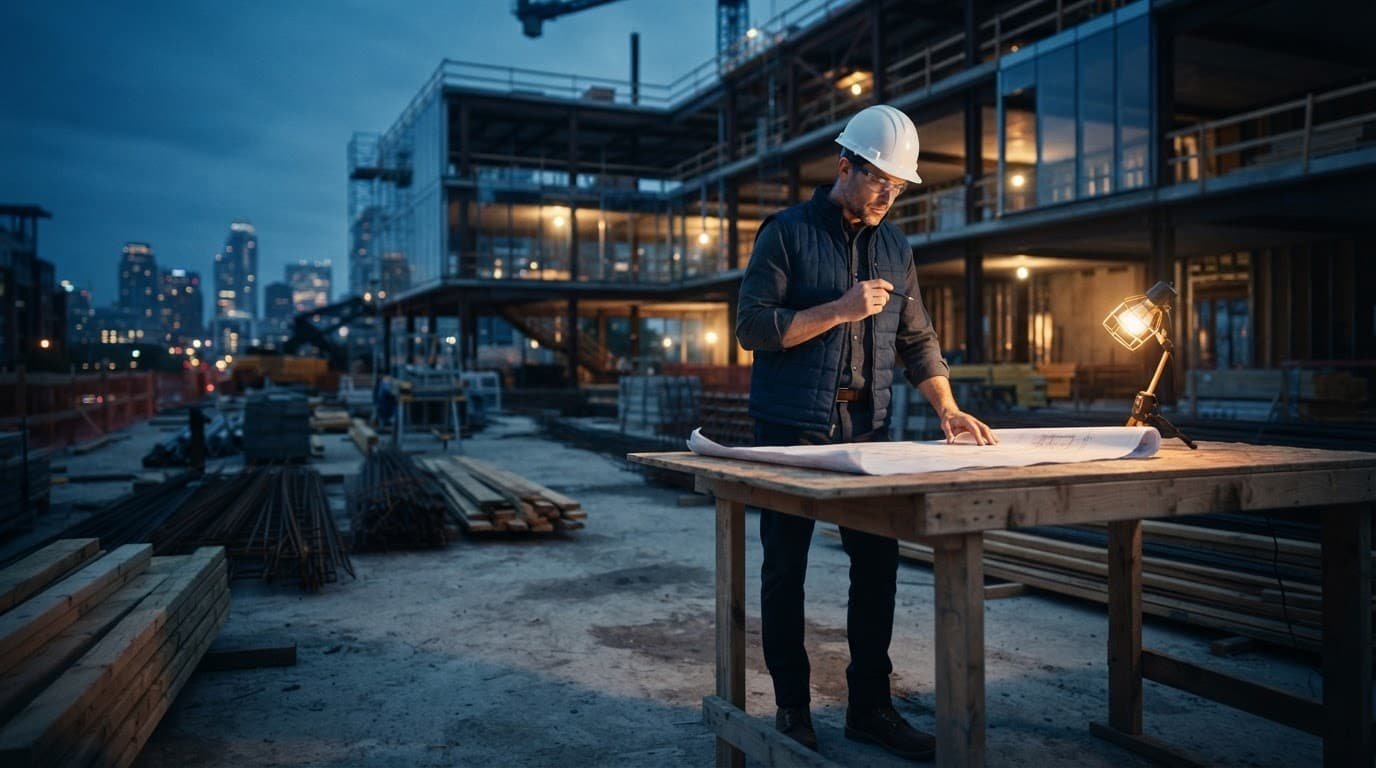 A construction professional studies blueprints beside building materials at a commercial worksite.
