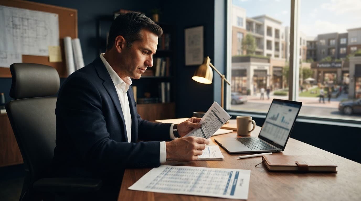 A lender reviews property papers beside a rent roll and laptop near a window.